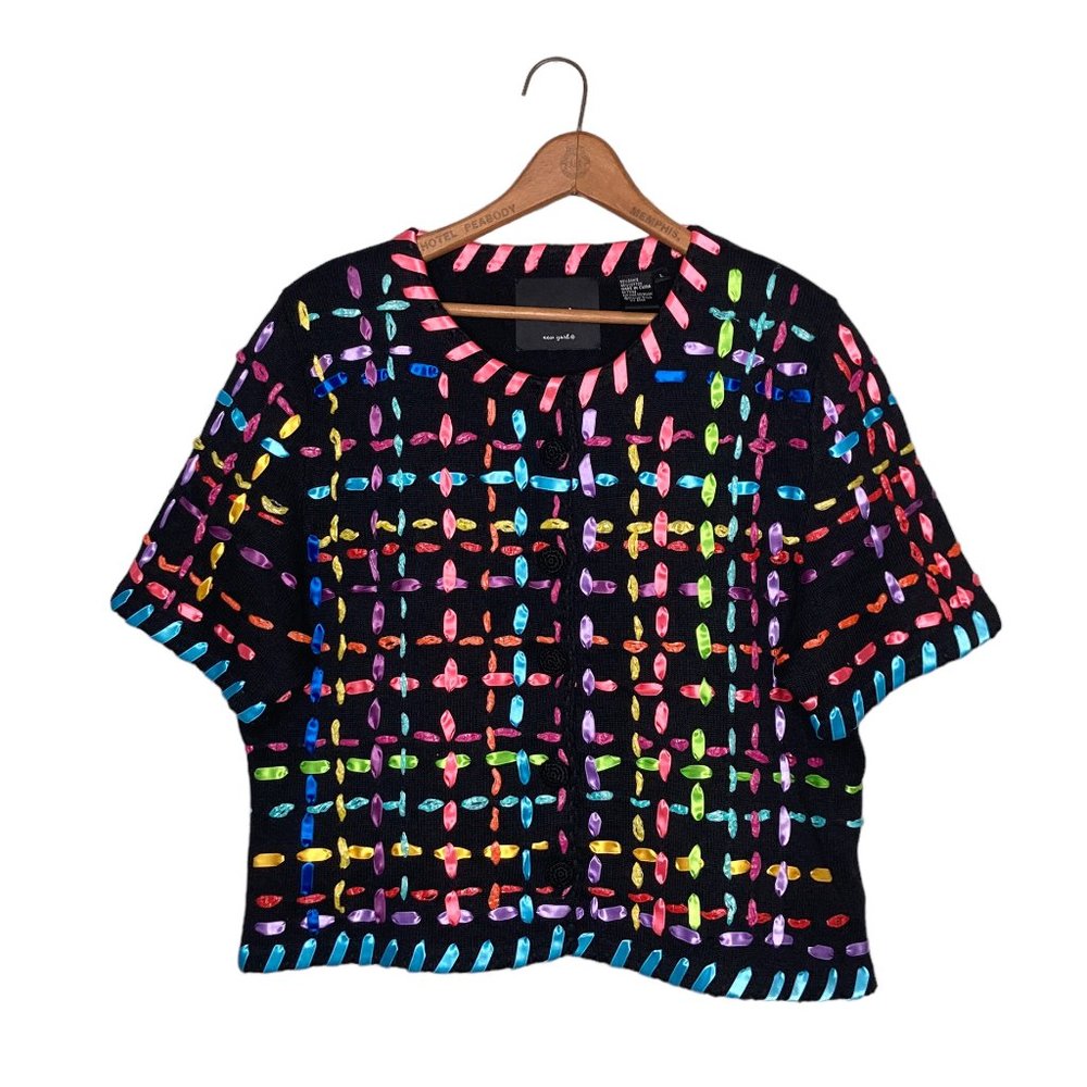 Vintage 00s Y2K Michael Simon L Rainbow Ribbon Whipstitch Weave Cardigan Sweater